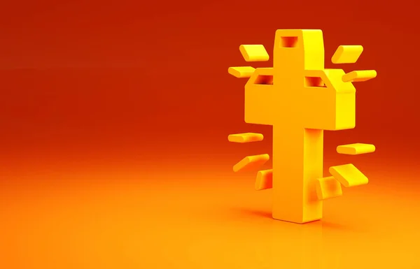 Yellow Christian cross icon isolated on orange background. Church cross. Minimalism concept. 3d illustration 3D render.
