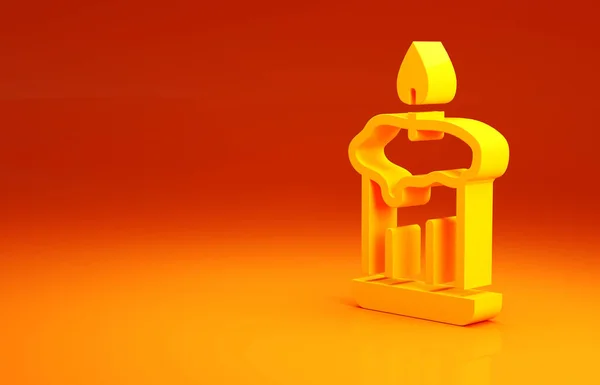 Yellow Burning candle in candlestick icon isolated on orange background. Old fashioned lit candle. Cylindrical candle stick with burning flame. Minimalism concept. 3d illustration 3D render.