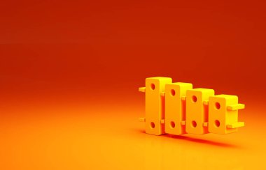 Sarı ksilofon - 13 tahta çubuklu müzik aleti ve turuncu arka planda izole edilmiş iki perküsyon tokmağı. Minimalizm kavramı. 3d illüstrasyon 3B canlandırma.