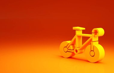 Sarı bisiklet ikonu turuncu arka planda izole edildi. Bisiklet yarışı. Olağanüstü bir spor. Spor malzemeleri. Minimalizm kavramı. 3d illüstrasyon 3B canlandırma.