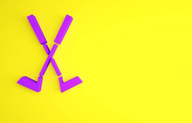 Sarı arka planda Mor Çapraz Golf Kulübü ikonu var. Minimalizm kavramı. 3d illüstrasyon 3B canlandırma.