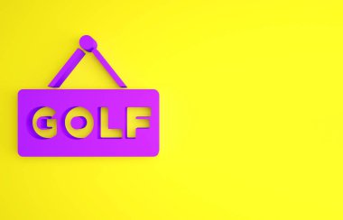 Sarı arkaplanda Mor Golf etiketi simgesi izole edildi. Minimalizm kavramı. 3d illüstrasyon 3B canlandırma.