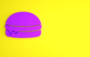 Mor Burger simgesi sarı arkaplanda izole edilmiş. Hamburger ikonu. Çizburger sandviç tabelası. Fast food menüsü. Minimalizm kavramı. 3d illüstrasyon 3B canlandırma.
