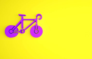 Sarı arka planda izole edilmiş mor bisiklet simgesi. Bisiklet yarışı. Olağanüstü bir spor. Spor malzemeleri. Minimalizm kavramı. 3d illüstrasyon 3B canlandırma.