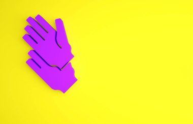 Sarı arka planda izole edilmiş mor lastik eldiven ikonu. Lateks el koruması işareti. Ev işi temizlik ekipmanları sembolü. Minimalizm kavramı. 3d illüstrasyon 3B canlandırma.