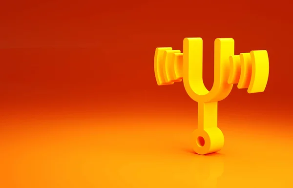 Yellow Musical tuning fork for tuning musical instruments icon isolated on orange background. Minimalism concept. 3d illustration 3D render.