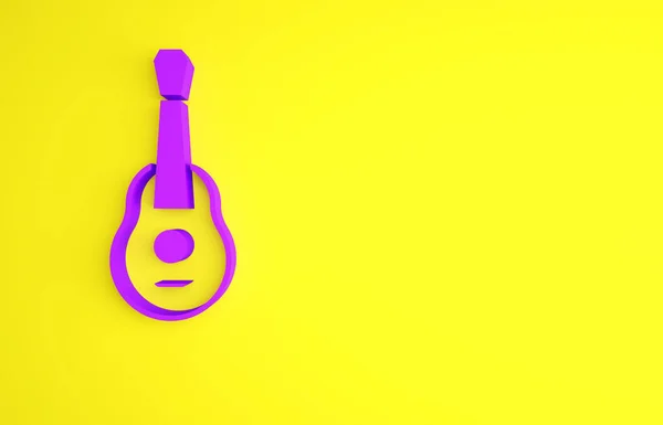 Purple Guitar icon isolated on yellow background. Acoustic guitar. String musical instrument. Minimalism concept. 3d illustration 3D render.