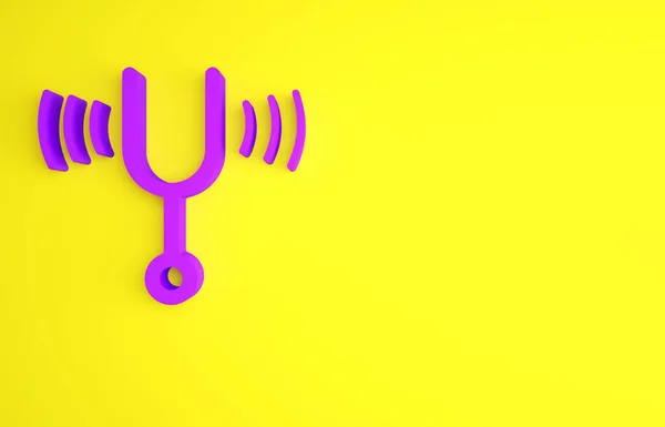 Purple Musical tuning fork for tuning musical instruments icon isolated on yellow background. Minimalism concept. 3d illustration 3D render.
