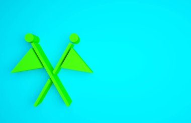 Mavi arkaplanda yeşil golf bayrağı simgesi izole edildi. Golf ekipmanı ya da aksesuar. Minimalizm kavramı. 3d illüstrasyon 3B canlandırma.