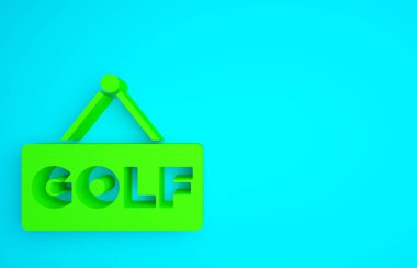 Mavi arkaplanda yeşil golf etiketi simgesi izole edildi. Minimalizm kavramı. 3d illüstrasyon 3B canlandırma.