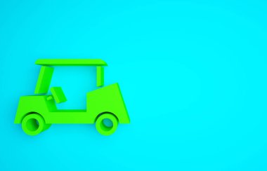 Mavi arka planda yeşil golf arabası simgesi izole edildi. Golf arabası. Minimalizm kavramı. 3d illüstrasyon 3B canlandırma.
