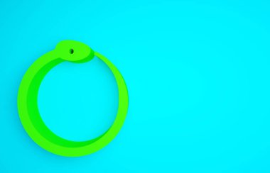 Ouroboros simgesinin yeşil büyü sembolü mavi arkaplanda izole edilmiş. Yılan kendi kuyruğunu ısırıyor. Hayvan ve sonsuzluk, mitoloji ve yılan. Minimalizm kavramı. 3d illüstrasyon 3B canlandırma.