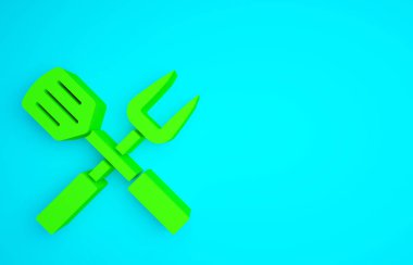 Mavi arkaplanda yeşil çatal ve spatula simgesi var. Mangal çatalı ve spatula işareti. Barbekü ve ızgara aletleri. Minimalizm kavramı. 3d illüstrasyon 3d canlandırma.