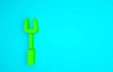 Mavi arkaplanda yeşil barbekü çatalı simgesi izole edildi. Mangal çatalı tabelası. Barbekü ve ızgara aleti. Minimalizm kavramı. 3d illüstrasyon 3B canlandırma.