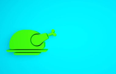 Yeşil kızarmış hindi ya da mavi arka planda izole edilmiş tavuk ikonu. Minimalizm kavramı. 3d illüstrasyon 3B canlandırma.