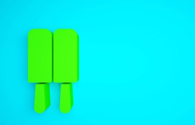Mavi arka planda izole edilmiş çubuk ikonunda yeşil dondurma. Güzel sembol. Minimalizm kavramı. 3d illüstrasyon 3B canlandırma.