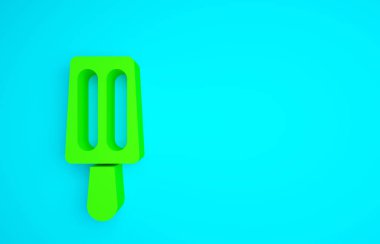 Mavi arka planda izole edilmiş çubuk ikonunda yeşil dondurma. Güzel sembol. Minimalizm kavramı. 3d illüstrasyon 3B canlandırma.
