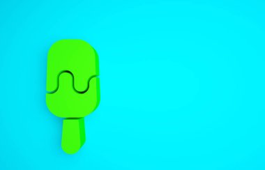 Mavi arka planda izole edilmiş çubuk ikonunda yeşil dondurma. Güzel sembol. Minimalizm kavramı. 3d illüstrasyon 3B canlandırma.
