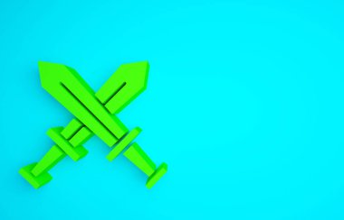Mavi arka planda yeşil haçlı ortaçağ kılıç ikonu izole edildi. Ortaçağ silahı. Minimalizm kavramı. 3d illüstrasyon 3B canlandırma.