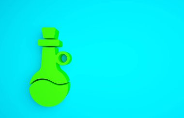 Mavi arka planda yeşil zeytinyağı ikonu var. Zeytinyağı ikonlu sürahi. Minimalizm kavramı. 3d illüstrasyon 3B canlandırma.