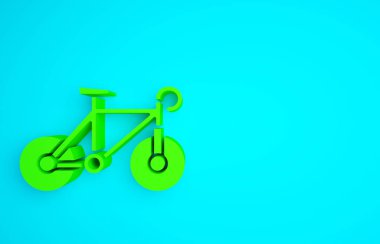 Mavi arkaplanda yeşil bisiklet simgesi izole edildi. Bisiklet yarışı. Olağanüstü bir spor. Spor malzemeleri. Minimalizm kavramı. 3d illüstrasyon 3B canlandırma.