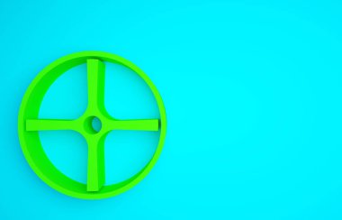 Mavi arka planda yeşil bisiklet tekerleği simgesi izole edildi. Bisiklet yarışı. Olağanüstü bir spor. Spor malzemeleri. Minimalizm kavramı. 3d illüstrasyon 3B canlandırma.