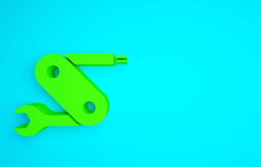 Mavi arka planda izole edilmiş yeşil İsviçre çakısı ikonu. Çoklu alet, çok amaçlı çakı. Çok fonksiyonlu bir alet. Minimalizm kavramı. 3d illüstrasyon 3B canlandırma.