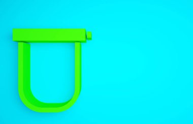 Mavi arka planda izole edilmiş yeşil bisiklet kilidi U şeklindeki endüstriyel simge. Minimalizm kavramı. 3d illüstrasyon 3B canlandırma.