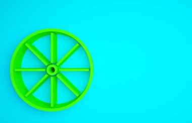 Mavi arka planda yeşil bisiklet tekerleği simgesi izole edildi. Bisiklet yarışı. Olağanüstü bir spor. Spor malzemeleri. Minimalizm kavramı. 3d illüstrasyon 3B canlandırma.