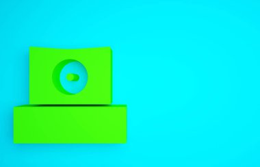 Yeşil sprey, mavi arkaplandaki başlık simgesini izole edebilir. Minimalizm kavramı. 3d illüstrasyon 3B canlandırma.