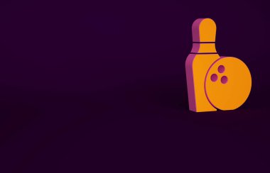 Mor arka planda izole edilmiş turuncu bovling lobutları ve top ikonu. Spor malzemeleri. Minimalizm kavramı. 3d illüstrasyon 3B canlandırma.