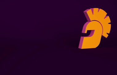 Mor arka planda izole edilmiş turuncu Yunan başlık simgesi. Tüylü ya da at tüylü askerleri korumak için antika miğfer. Minimalizm kavramı. 3d illüstrasyon 3B canlandırma.