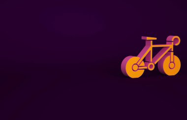 Mor arkaplanda izole edilmiş turuncu bisiklet simgesi. Bisiklet yarışı. Olağanüstü bir spor. Spor malzemeleri. Minimalizm kavramı. 3d illüstrasyon 3B canlandırma.