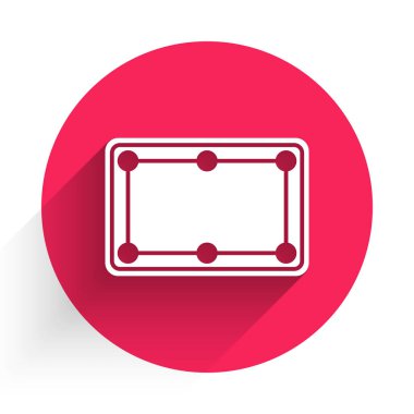 Beyaz bilardo masası ikonu uzun gölgeli izole edilmiş. Bilardo masası. Kırmızı daire düğmesi. Vektör.