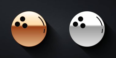 Siyah arkaplanda altın ve gümüş bowling topu ikonu var. Spor malzemeleri. Uzun gölge tarzı. Vektör.