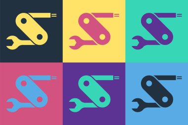 Pop sanatı İsviçre çakısı ikonu renk arkaplanda izole edilmiş. Çoklu alet, çok amaçlı çakı. Çok fonksiyonlu bir alet. Vektör.