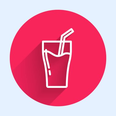 Beyaz çizgi. Meyve suyu ikonu uzun gölgeli. İçmek için tüp. Sağlıklı organik yiyecekler. Citrus meyvesi. Kırmızı daire düğmesi. Vektör.