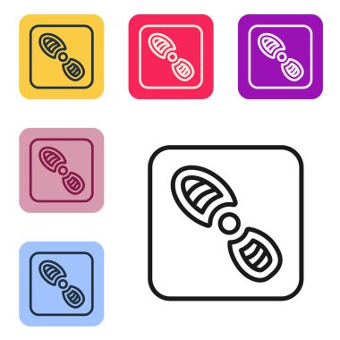 Siyah çizgi insan ayak izi ayakkabı ikonu beyaz arkaplanda izole edilmiş. Ayakkabı tabanı. Renkli kare düğmelerle simgeleri ayarla. Vektör.