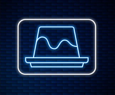 Parlak neon çizgili puding kreması ve karamelli jöle ikonu tuğla duvar arkasında izole. Vektör.