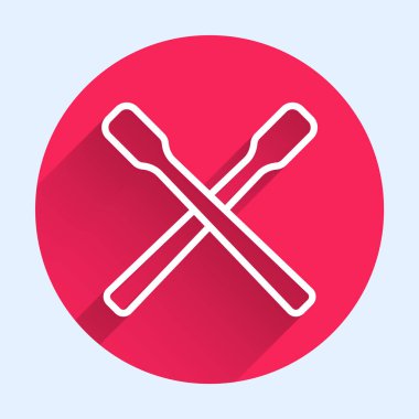 Uzun gölgeli beyaz çizgili Drum çubukları simgesi. Müzik aleti. Kırmızı daire düğmesi. Vektör.