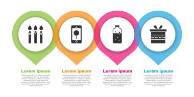 Doğum günü pastası mumlarını, doğum günü mesajlı cep telefonunu, sıcak şarap ve hediye kutusunu ayarla. Ticari bilgi şablonu. Vektör.