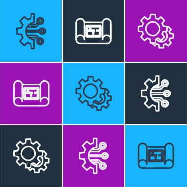 Satır Algoritması, Gear ve Ev planı simgesini ayarla. Vektör.