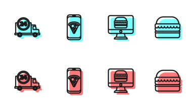 İnternetten sipariş ve teslimat ayarla, arabayla hızlı yemek, pizza ve hamburger ikonu. Vektör.