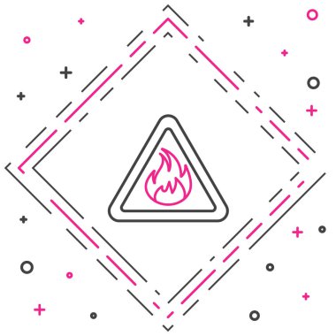 Beyaz arkaplanda izole edilmiş üçgen ikonunda çizgi yangını. Yanıcı madde için uyarı işareti. Renkli taslak konsepti. Vektör İllüstrasyonu.