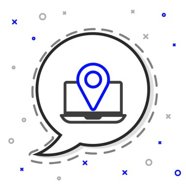 Beyaz arkaplanda konum imleci simgesine sahip dizüstü bilgisayar. Renkli taslak konsepti. Vektör İllüstrasyonu.