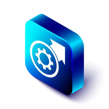 Isometric Gear ve oklar beyaz arkaplanda izole edilmiş iş akışı konsept ikonu olarak. Vites doldurma tabelası. Mavi kare düğme. Vektör İllüstrasyonu.