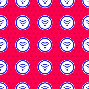 Mavi Wi-Fi kablosuz internet ağ sembolü simgesi kırmızı arkaplanda izole edilmiş. Vektör İllüstrasyonu.