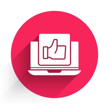 Beyaz El, uzun gölgeli bir ikon gibidir. Kırmızı daire düğmesi. Vektör.