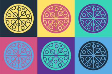 Pop Art Pizza simgesi renk arkaplanda izole edilmiş. Fast food menüsü. Vektör.