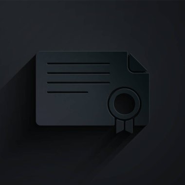 Kağıt kesiği şablon simgesi siyah arkaplanda izole edildi. Başarı, ödül, diploma, burs, diploma kavramları. Kağıt sanatı tarzı. Vektör.